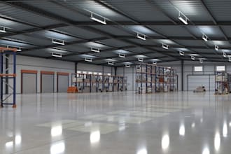 create a realistic 3d warehouse, factory, industrial building, facility design