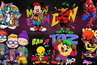 draw cartoon character cartoon t shirt design for merch and clothing brand