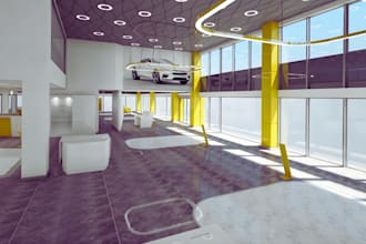 design realistic 3d car showroom interior, 3d rendering, premium visualization