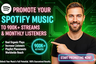 promote spotify music to 900k spotify for streams, monthly listeners