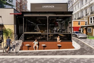 renovate cafe exterior design,storefront,paved walkway,outdoor seating rendering