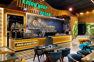 refurbish 3d restaurant,dinning space,bar interior décor,dessert lounge render