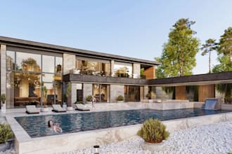 visualize 3d brick villa, wood facade design, bedrock, circular driveway render