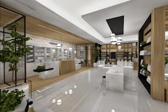 restyle 3d healthcare center, render moldboard interior,pharmacy virtual staging