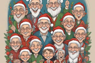 make a group christmas caricature cartoon, holiday gift card