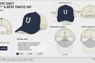 design cap tech pack, trucker cap, bucket hat, dad cap for manufacturing