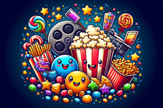 make movie theater mascots snacks logo for you with new concept