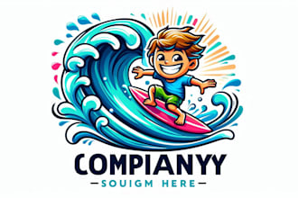 design cartoon boy surfing on a wave logo very fast with super color