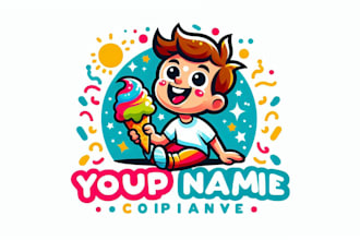 do cartoon boy eating ice cream logo with creative concept