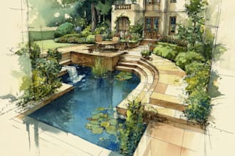 draw watercolor drawings of landscape designs or home garden