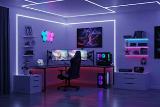 design 3d gaming room, isometric room, studio room with rendering