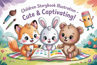 illustrate captivating children storybook illustration with cute animals