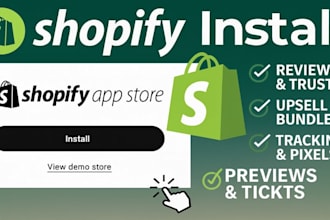 install, set up shopify app for reviews, upsell, bundles, tracking, optimization