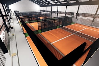 redesign stunning indoor court, padel, tennis, pickleball, restroom 3d rendering