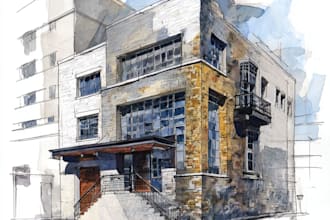 sketch architecture building with watercolor rendering