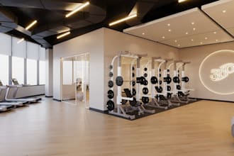 design luxury gym interior, fitness center render from floor plan,3d yoga studio