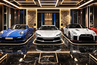 setup 3d private garage design, exotic car showroom, automotive interior render