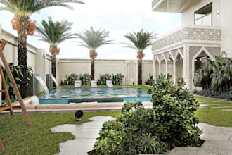 render 3d house landscape design,pools, pergolas, garden layouts,3d illustration