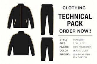 create clothing tech packs, apparel techpack and flat sketches for manufacturers
