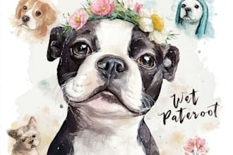 draw cute pet watercolor portrait illustration