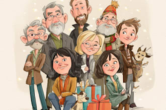 make a group christmas caricature cartoon, holiday gift card