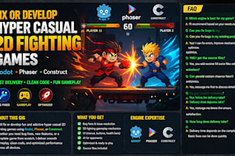 fix or develop a hyper casual 2d fighting game using godot, phaser, or construct