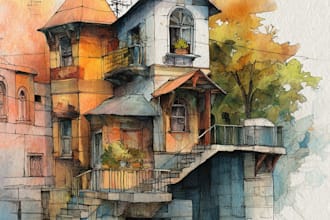 paint a watercolor house portrait or city space illustration