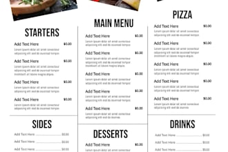 do a full service food design set including menu, flyer, poster, and price list