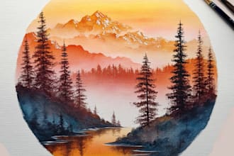 draw a realistic watercolor illustration of a landscape
