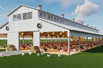 design 3d poultry design, barn design, livestock shed, with 3d render