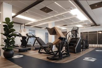 visualize 3d gym interior, sport facility, fitness center, workout space render