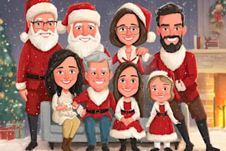 draw a custom group christmas caricature for holiday card