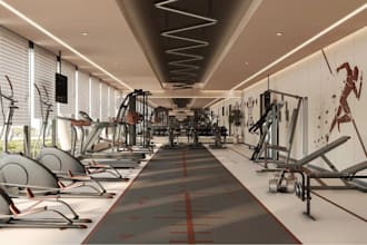 turn basement to luxury gym,3d wall art design,modern gym interior layout render