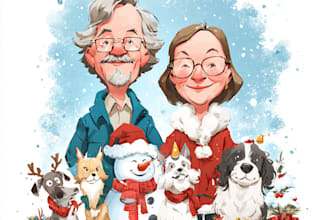 make a group christmas caricature cartoon, holiday gift card