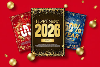 design new year 2026 flyer, poster, card, social post, banner, party flyer, reel