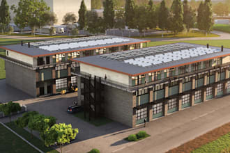 render architecture exterior, commercial building visualization, cgi site plan