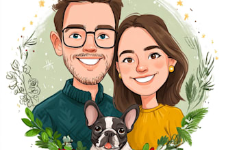 make a group christmas caricature cartoon, holiday gift card