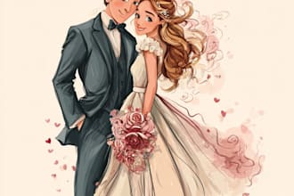 cute couple and wedding portrait illustration
