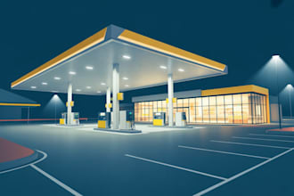 redesign your 3d gas station, supermarket, parking lot, pump island canopy