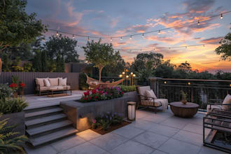 create a  landscape design, garden design, backyard, pool, and terrace