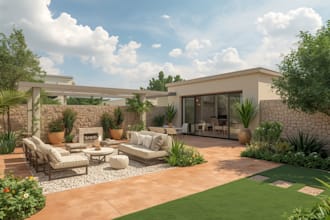 create a  landscape design rendering, outdoor backyard landscape design