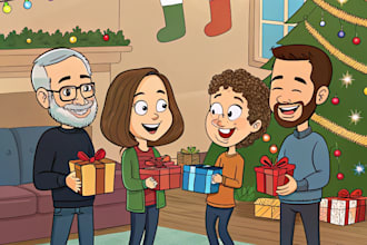 make a group christmas caricature cartoon, holiday gift card