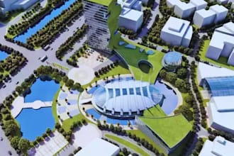 create eco civic campus design, green roof tower 3d model, and campus masterplan