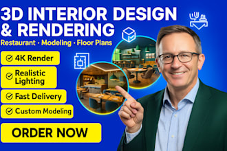 create 3d interior design, 3d model, restaurant render and 3d floor plan