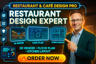 create restaurant design, cafe interior, kitchen layout and 3d rendering