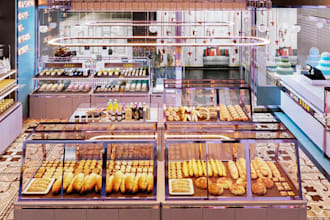 luxury3d bakery interior,pastry house,cgi cake shop,pizza hub render,cafe layout