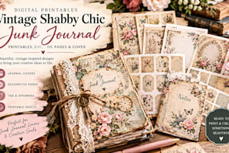 design digital vintage shabby chic junk journal printables, chic pages and cover