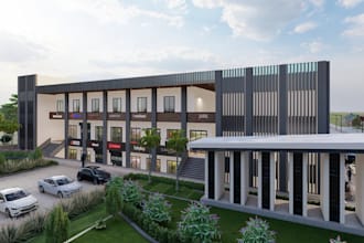 recreate 3d shopping complex,retail plaza, storefront design, cgi carport render