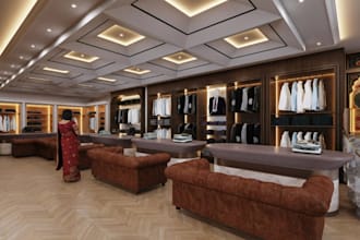 visualize 3d clothing shop from 2d layout,fashion store render,cgi interior, skp