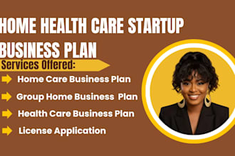 write compliant startup business plan for group home, home care, health care